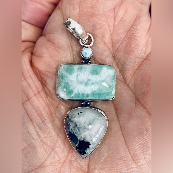 Elegant Handmade Larimar & Moonstone 925 Sterling Silver Necklace Pendant - Picture 1 of 4